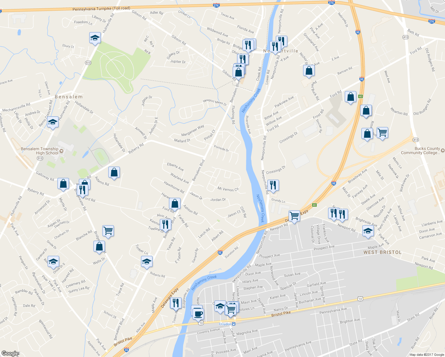 map of restaurants, bars, coffee shops, grocery stores, and more near 429 Dartmouth Court in Bensalem