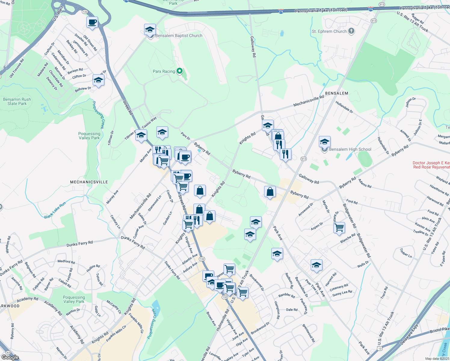 map of restaurants, bars, coffee shops, grocery stores, and more near 3380 Knights Road in Bensalem