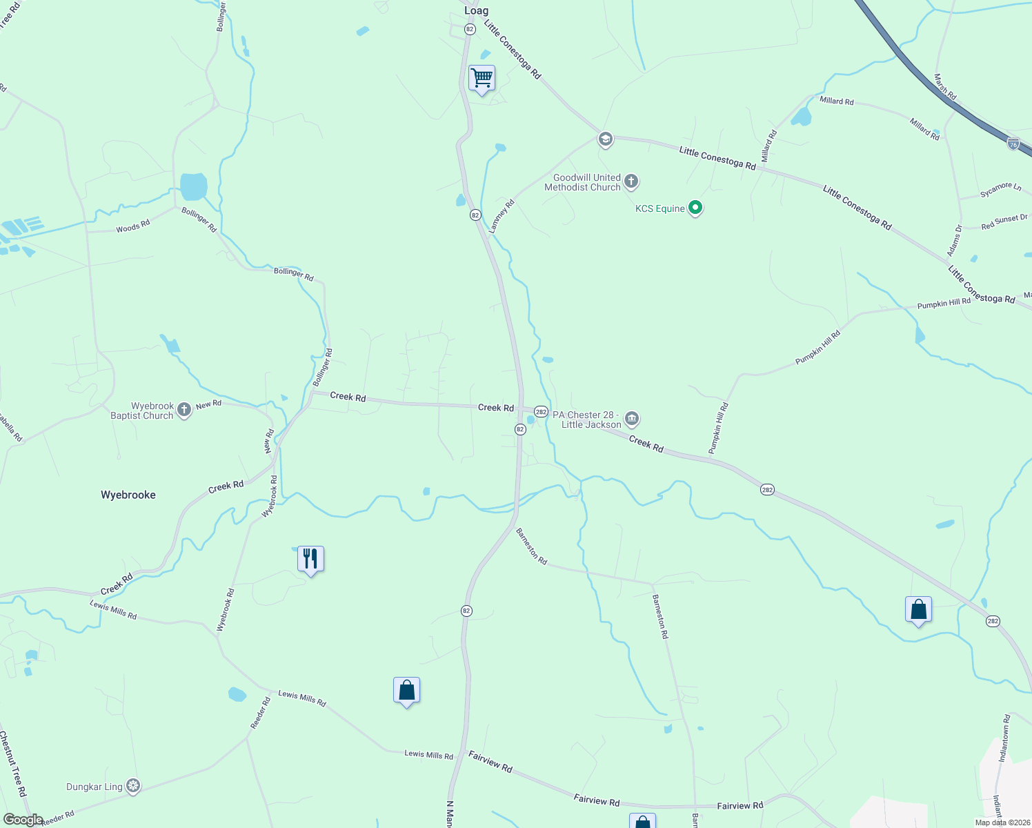 map of restaurants, bars, coffee shops, grocery stores, and more near 2700 Creek Road in Elverson