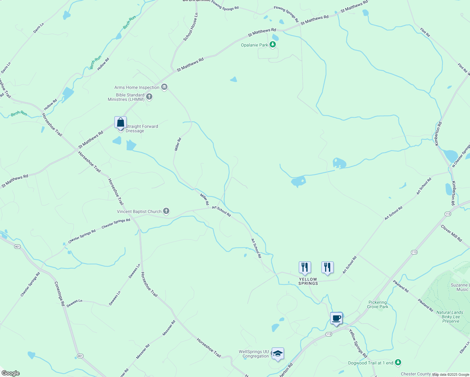 map of restaurants, bars, coffee shops, grocery stores, and more near in Chester Springs