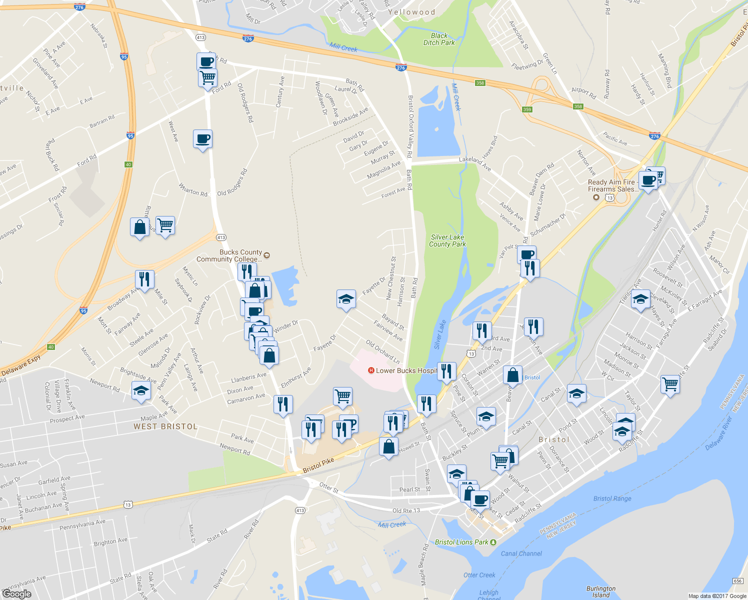 map of restaurants, bars, coffee shops, grocery stores, and more near 1015 Broad Street in Bristol