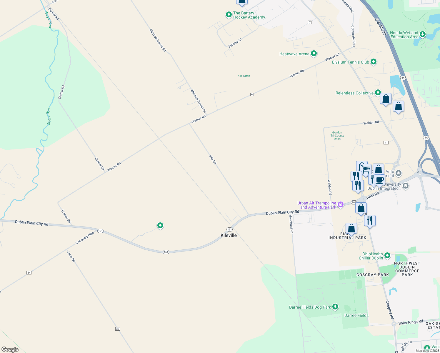 map of restaurants, bars, coffee shops, grocery stores, and more near 7045 Kile Road in Plain City