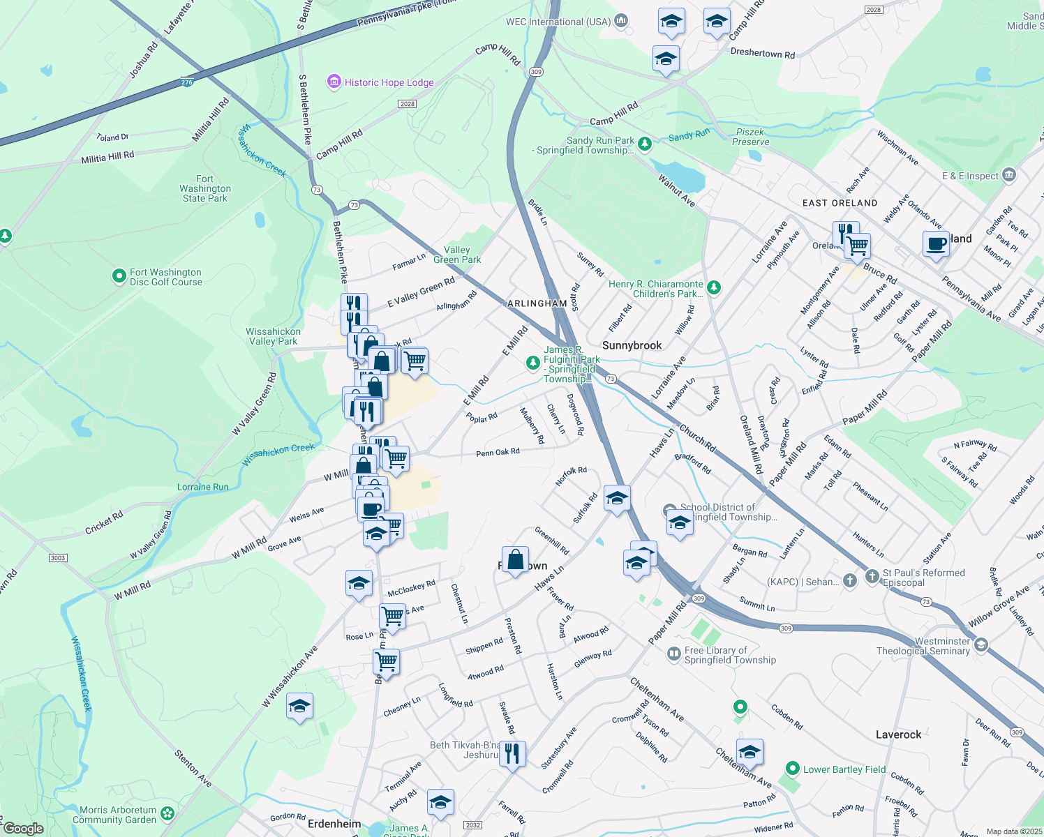map of restaurants, bars, coffee shops, grocery stores, and more near 309 Spruce Road in Flourtown