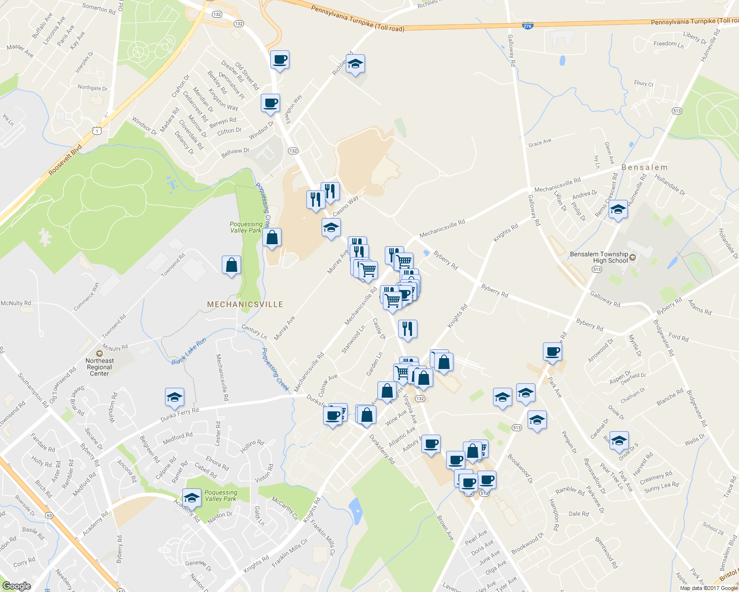 map of restaurants, bars, coffee shops, grocery stores, and more near 2941 Mechanicsville Road in Bensalem