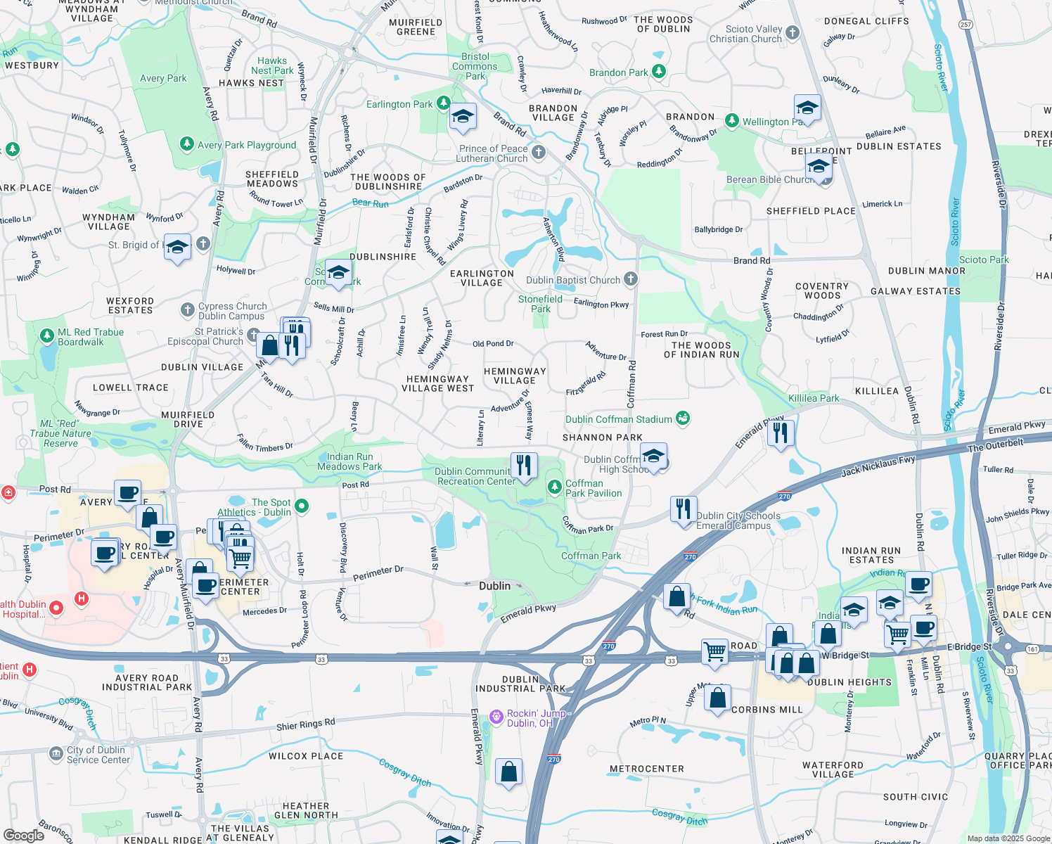 map of restaurants, bars, coffee shops, grocery stores, and more near 5582 Great Novel Court in Dublin