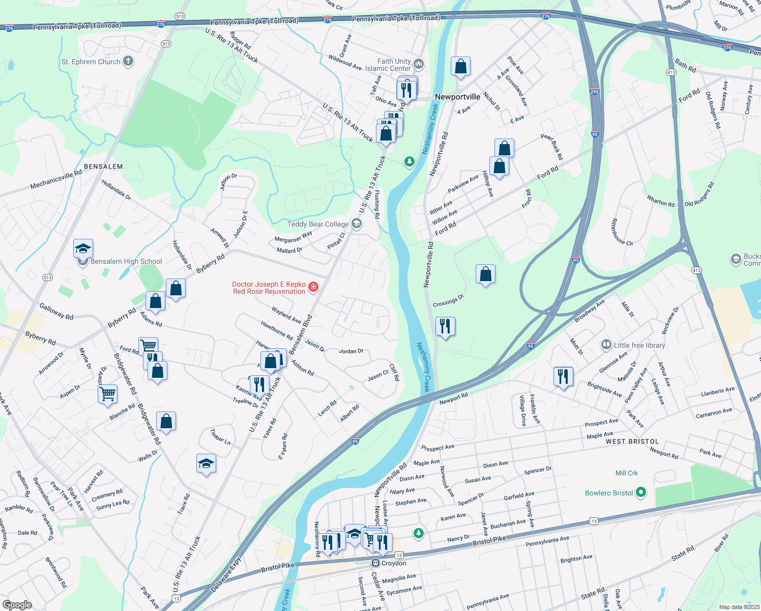 map of restaurants, bars, coffee shops, grocery stores, and more near 450 North Mount Vernon Circle in Bensalem