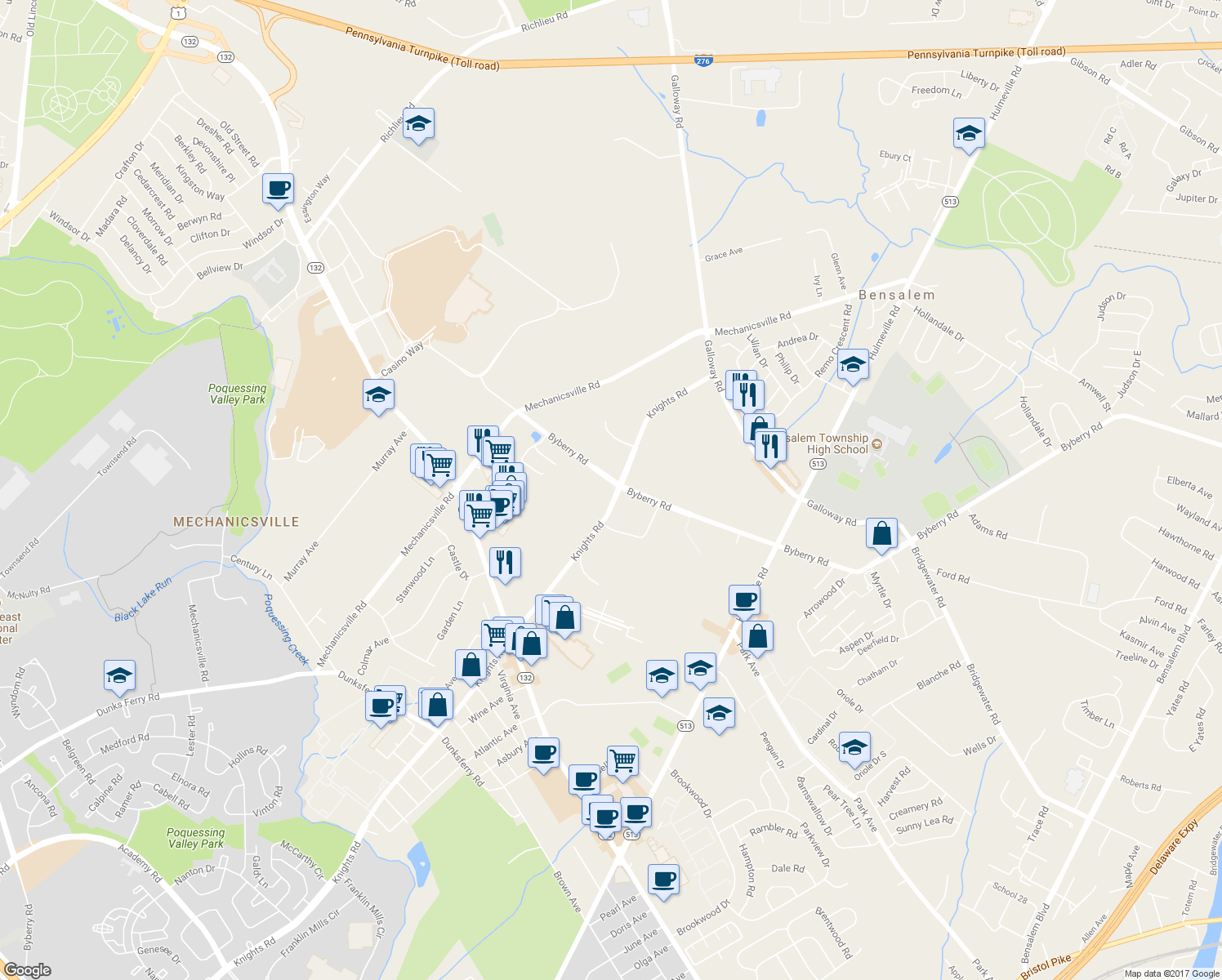 map of restaurants, bars, coffee shops, grocery stores, and more near 3390 Knights Road in Bensalem