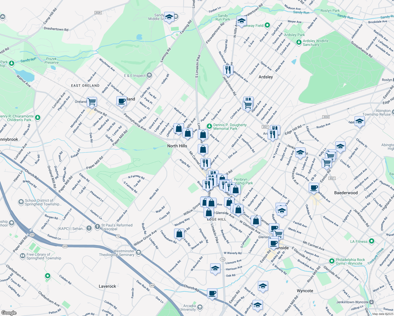 map of restaurants, bars, coffee shops, grocery stores, and more near 2825 Mount Carmel Avenue in Glenside