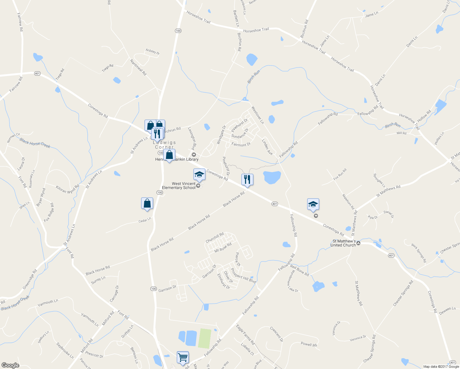 map of restaurants, bars, coffee shops, grocery stores, and more near 1 Rachael Drive in Chester Springs