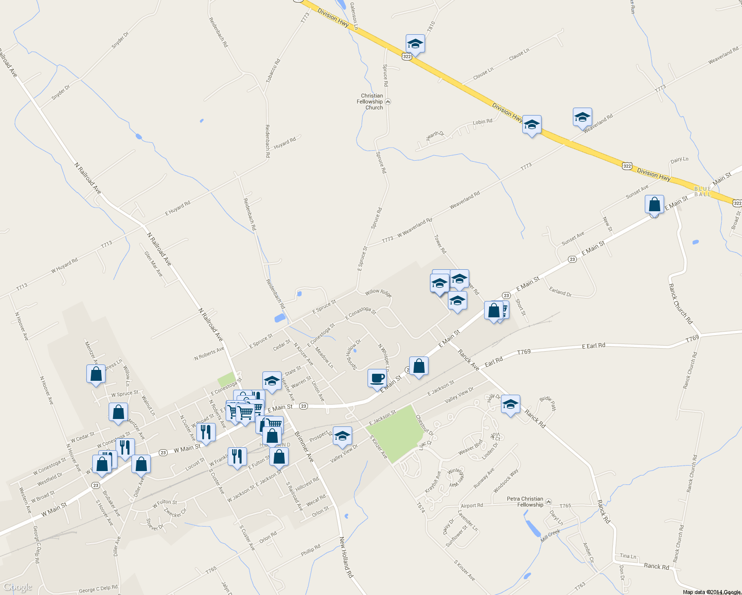map of restaurants, bars, coffee shops, grocery stores, and more near 224 Willow Ridge in New Holland