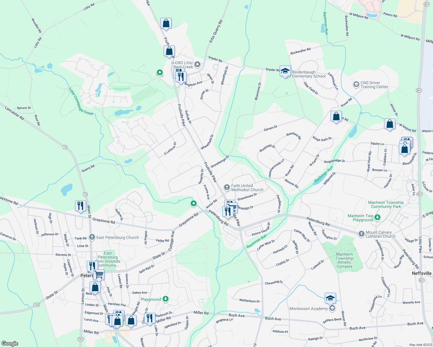 map of restaurants, bars, coffee shops, grocery stores, and more near 1248 Fruitville Pike in Lititz