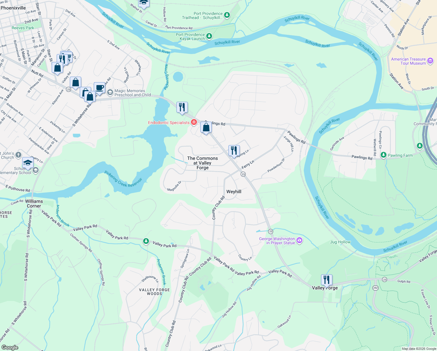 map of restaurants, bars, coffee shops, grocery stores, and more near 45 Hawthorne Lane in Phoenixville