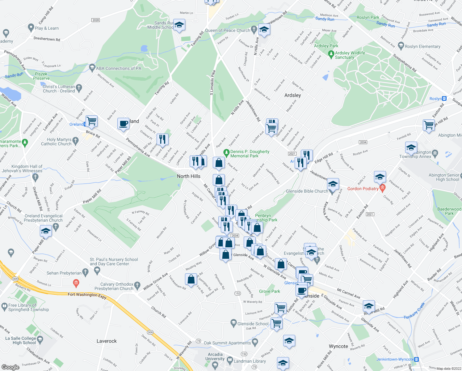 map of restaurants, bars, coffee shops, grocery stores, and more near 237 Maple Avenue in Glenside