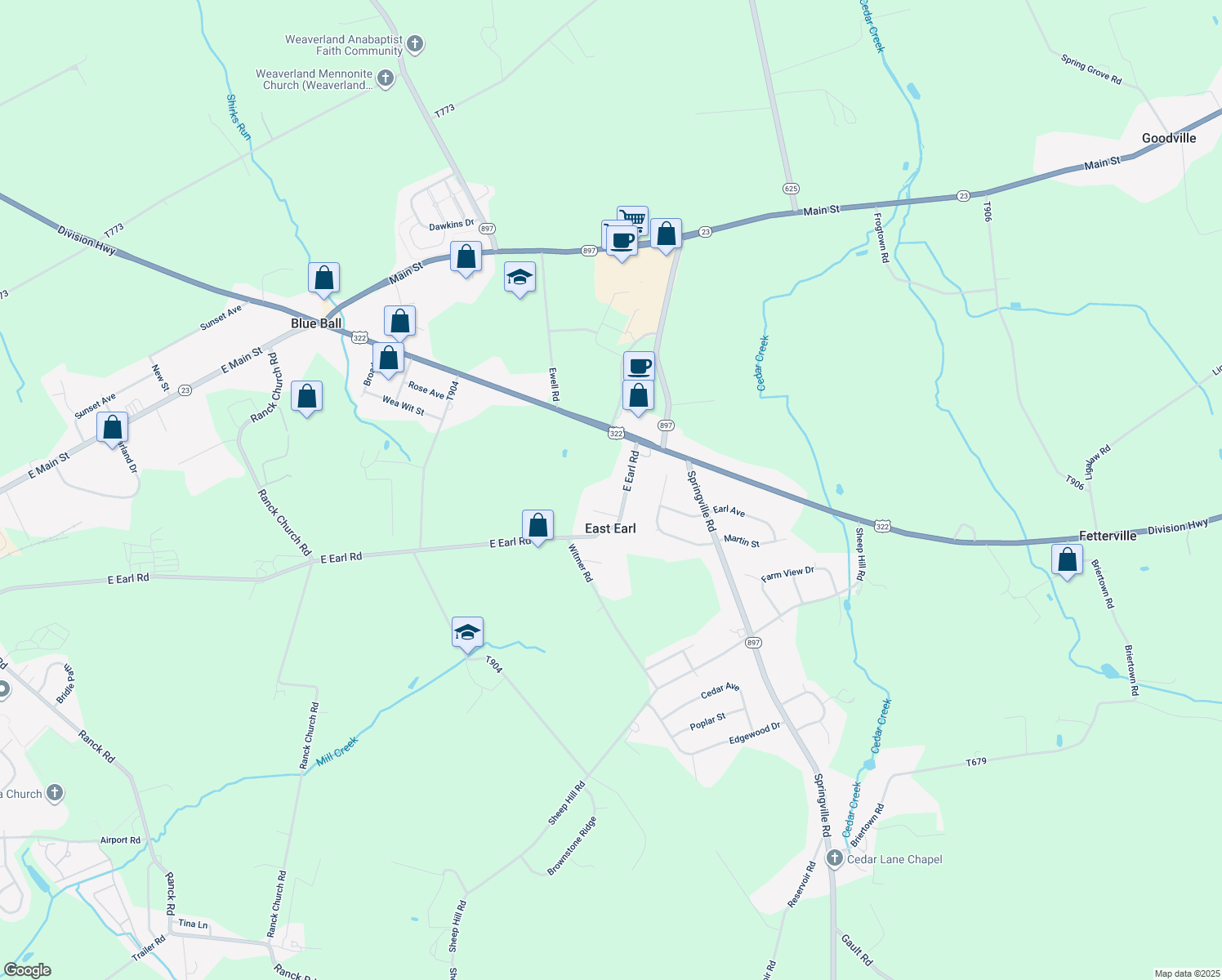 map of restaurants, bars, coffee shops, grocery stores, and more near 1275 East Earl Road in East Earl