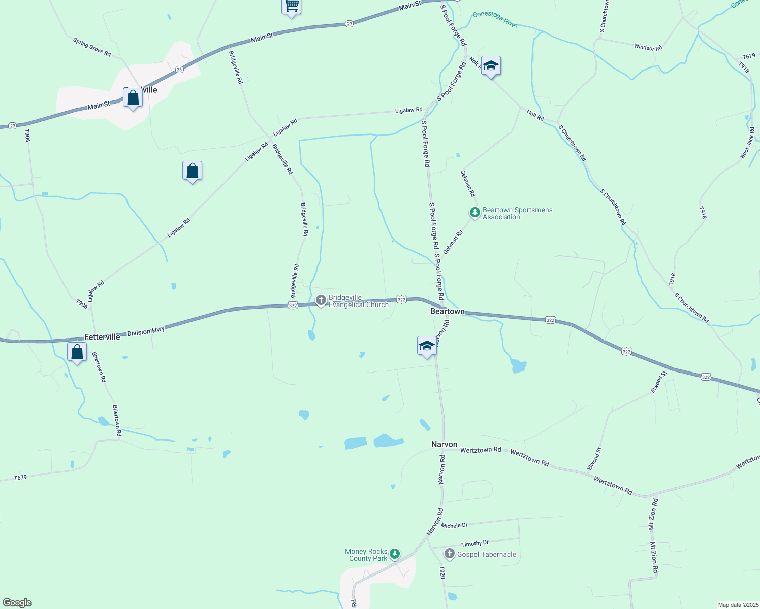 map of restaurants, bars, coffee shops, grocery stores, and more near 6123 Division Highway in Narvon
