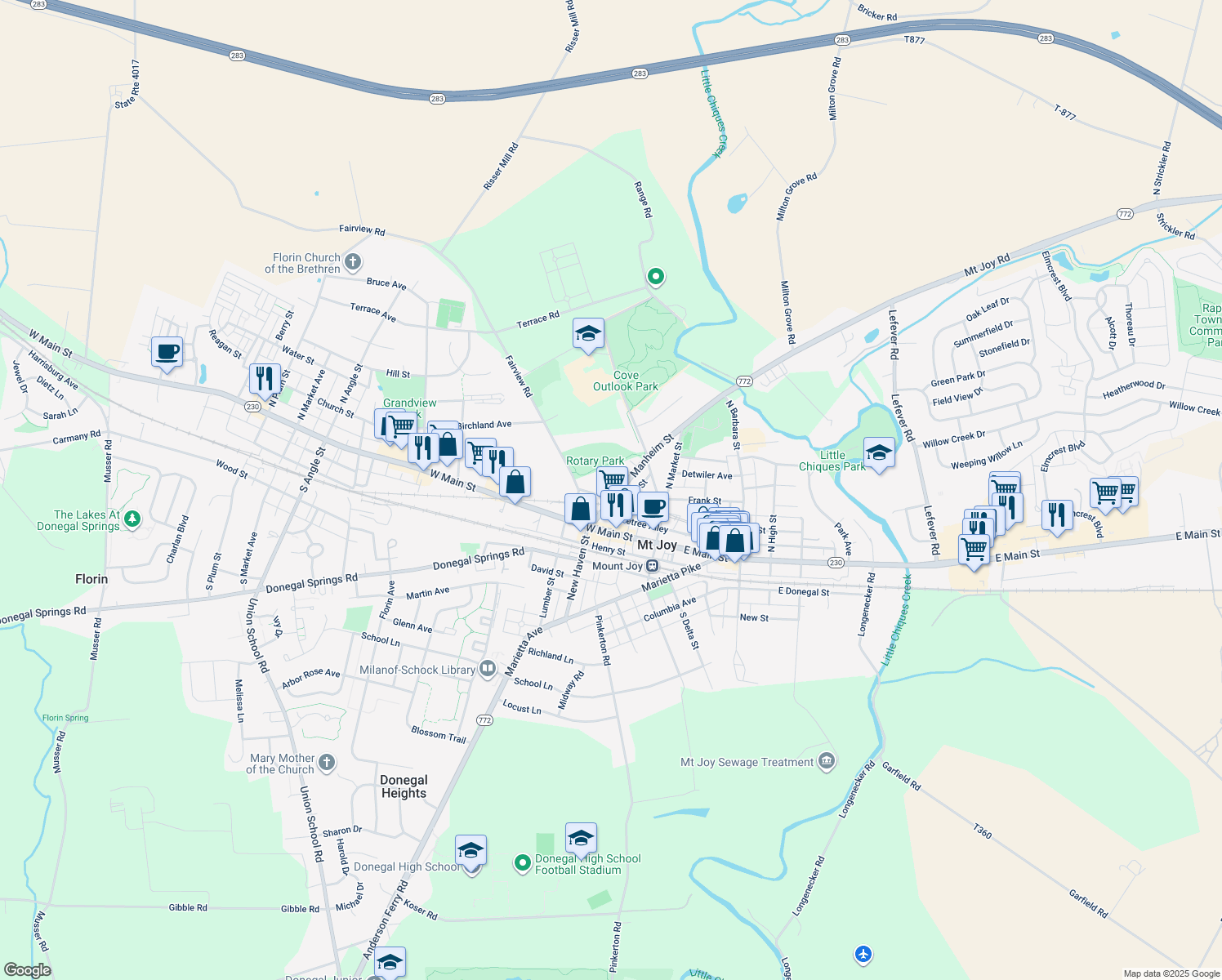 map of restaurants, bars, coffee shops, grocery stores, and more near 126 Manheim Street in Mount Joy