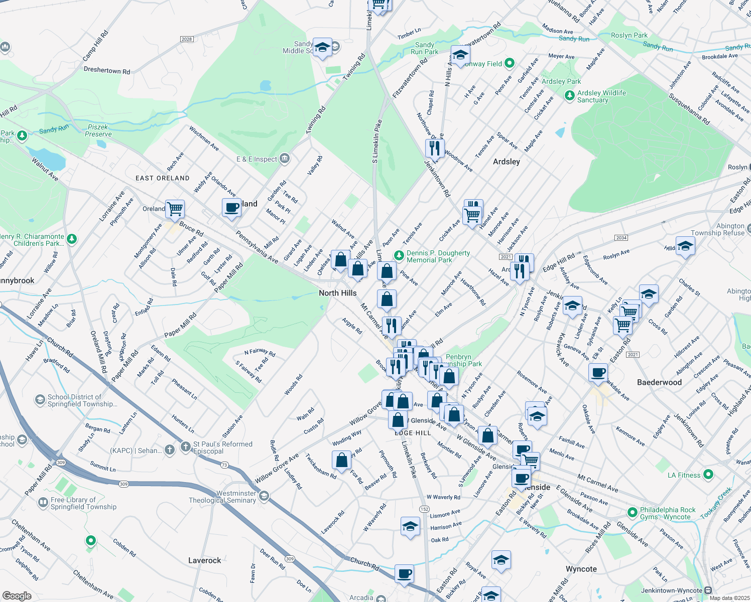 map of restaurants, bars, coffee shops, grocery stores, and more near 122 Cricket Avenue in Glenside