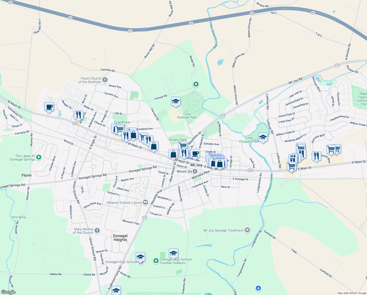 map of restaurants, bars, coffee shops, grocery stores, and more near 130 Manheim Street in Mount Joy