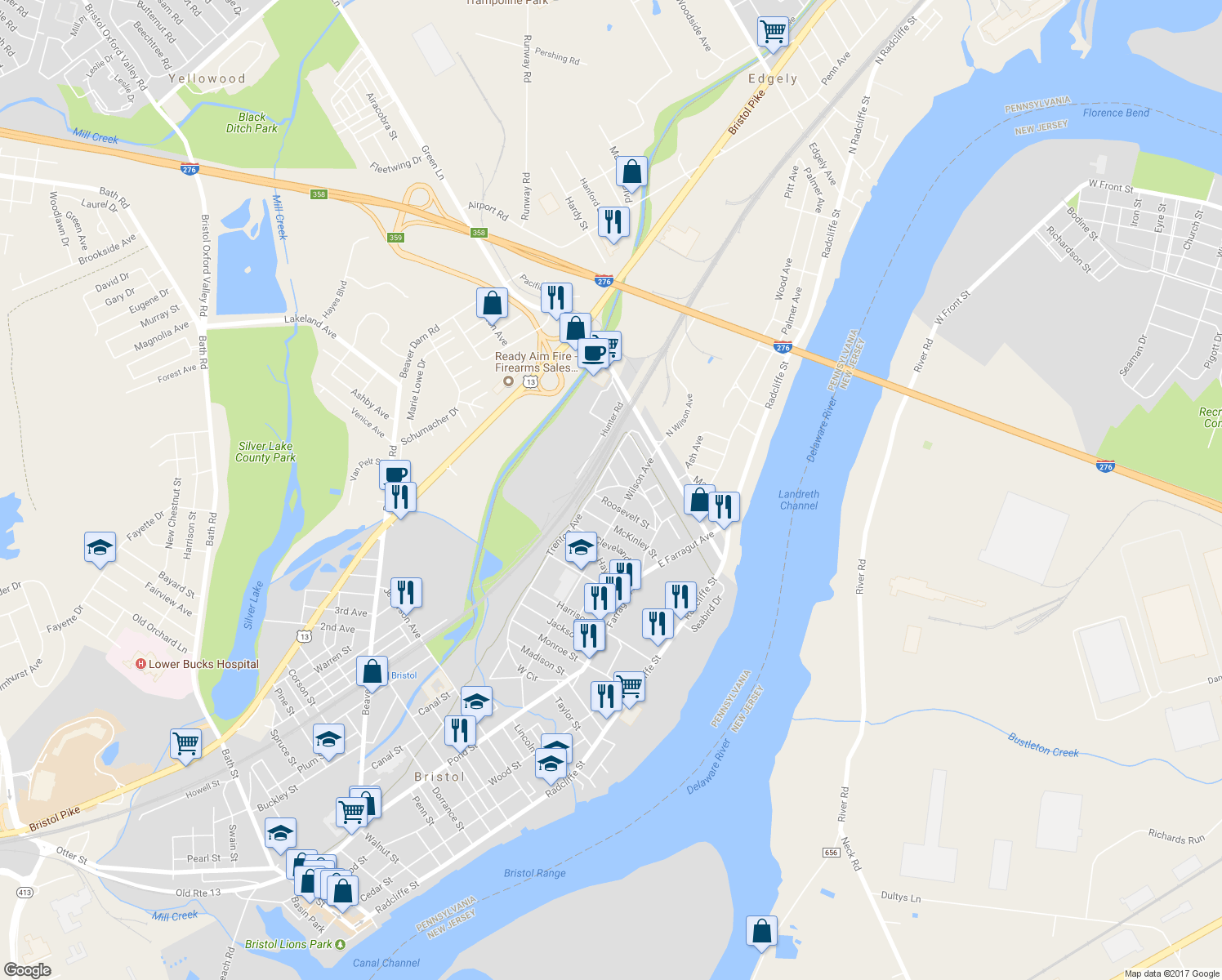 map of restaurants, bars, coffee shops, grocery stores, and more near 340 East Circle in Bristol