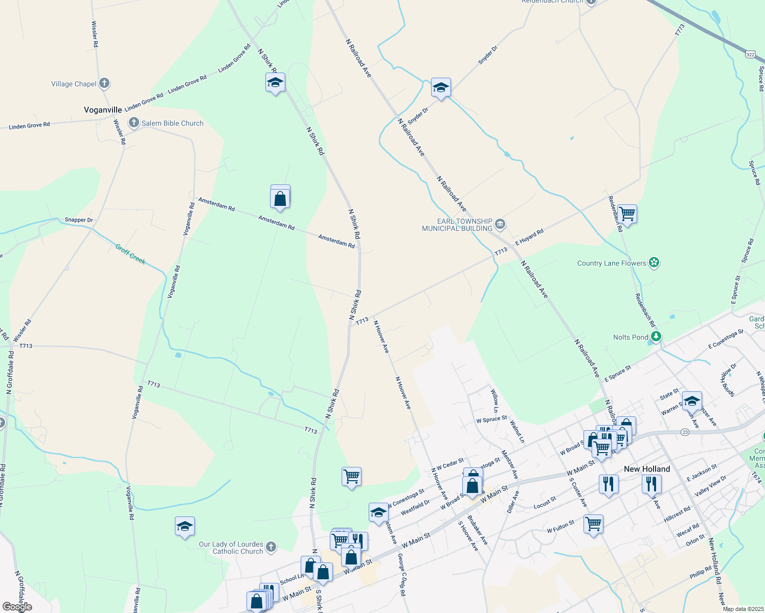 map of restaurants, bars, coffee shops, grocery stores, and more near 223 West Huyard Road in New Holland