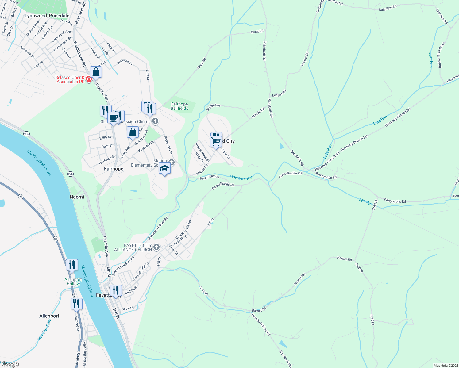 map of restaurants, bars, coffee shops, grocery stores, and more near 7 Perry Ave in Fayette City