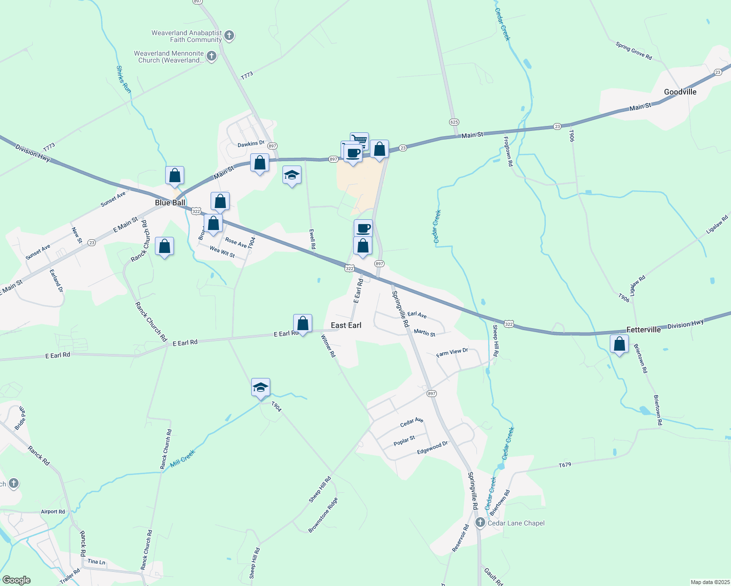map of restaurants, bars, coffee shops, grocery stores, and more near 1282 East Earl Road in East Earl