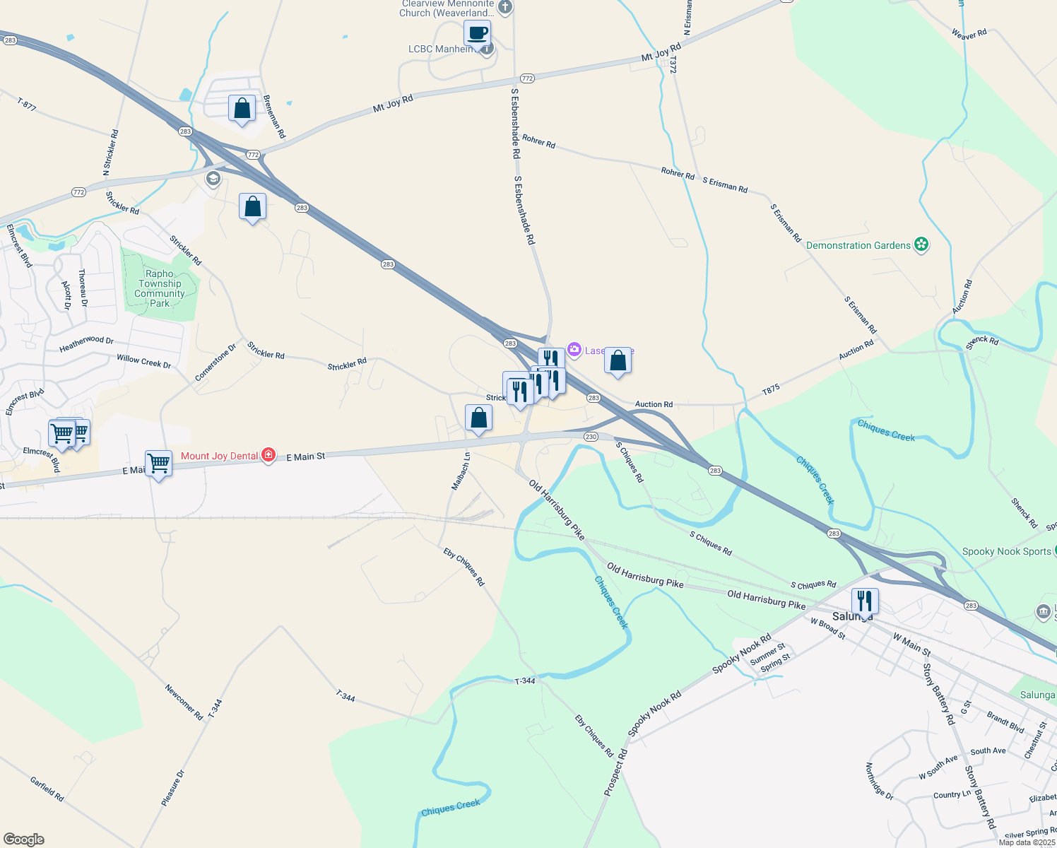 map of restaurants, bars, coffee shops, grocery stores, and more near 2200 Huber Drive in Manheim