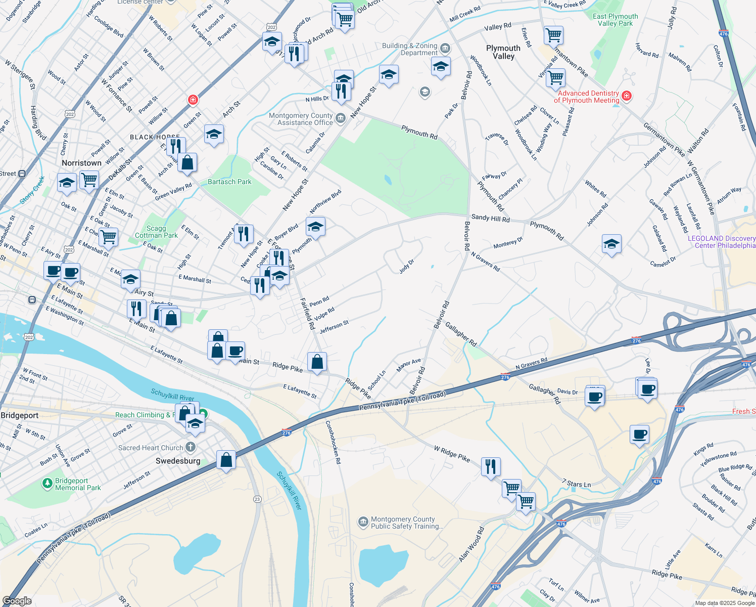 map of restaurants, bars, coffee shops, grocery stores, and more near 501 Jefferson Street in Plymouth Meeting