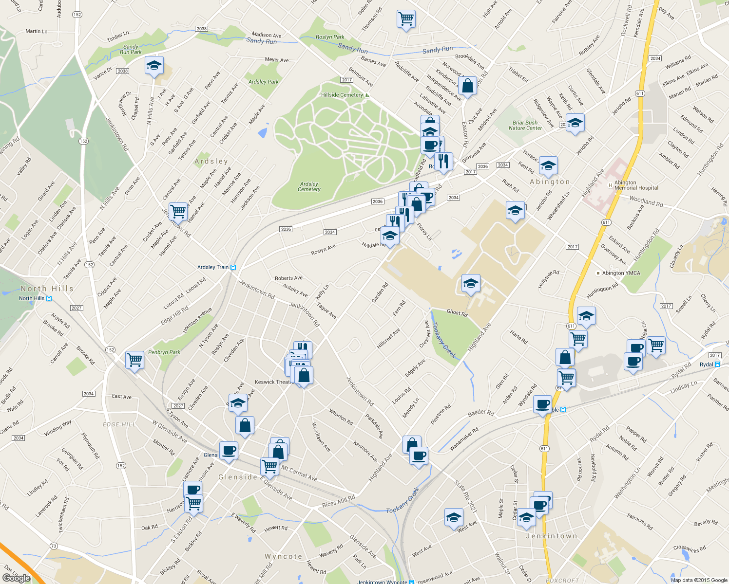 map of restaurants, bars, coffee shops, grocery stores, and more near 707 North Easton Road in Glenside