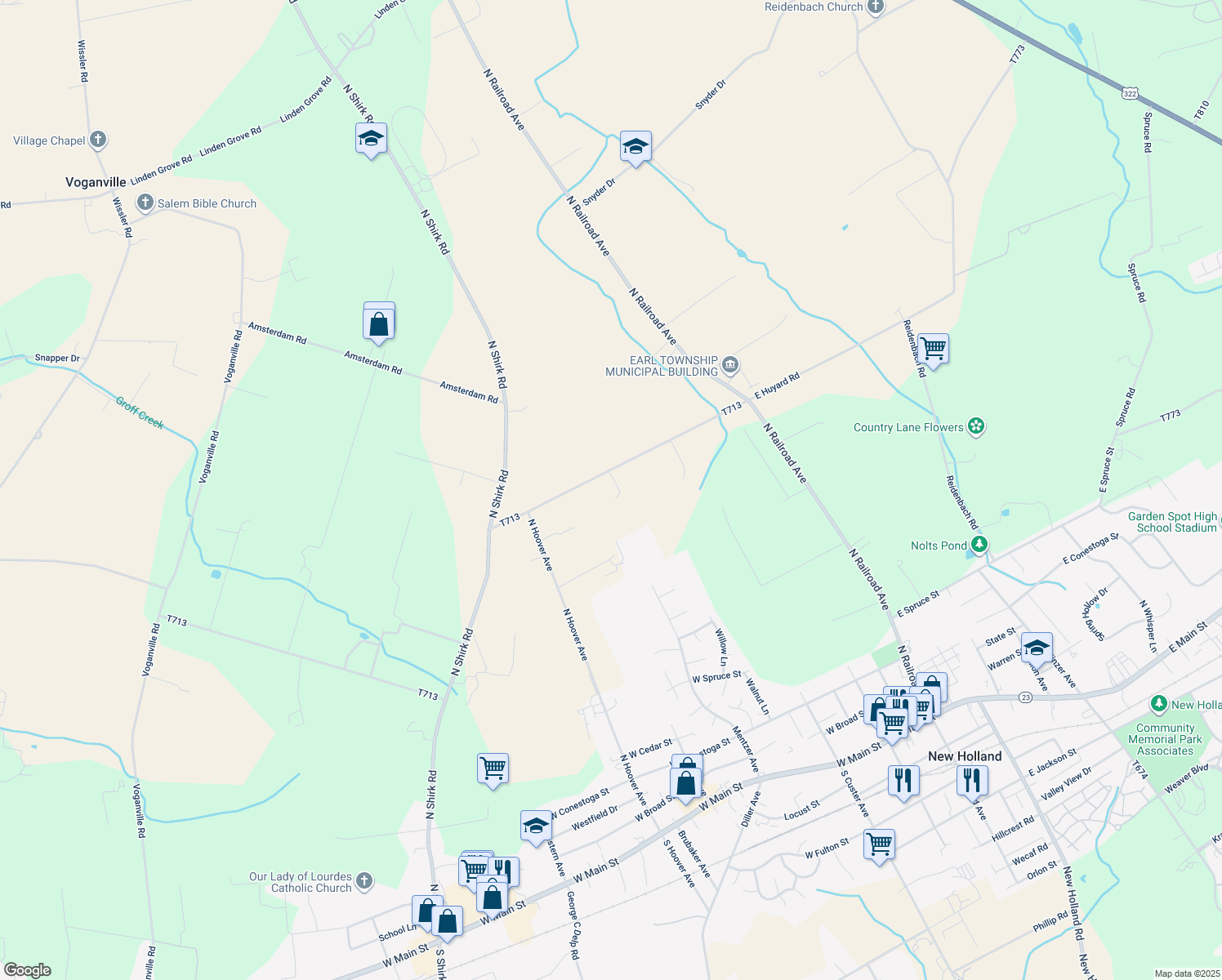 map of restaurants, bars, coffee shops, grocery stores, and more near 200 West Huyard Road in New Holland