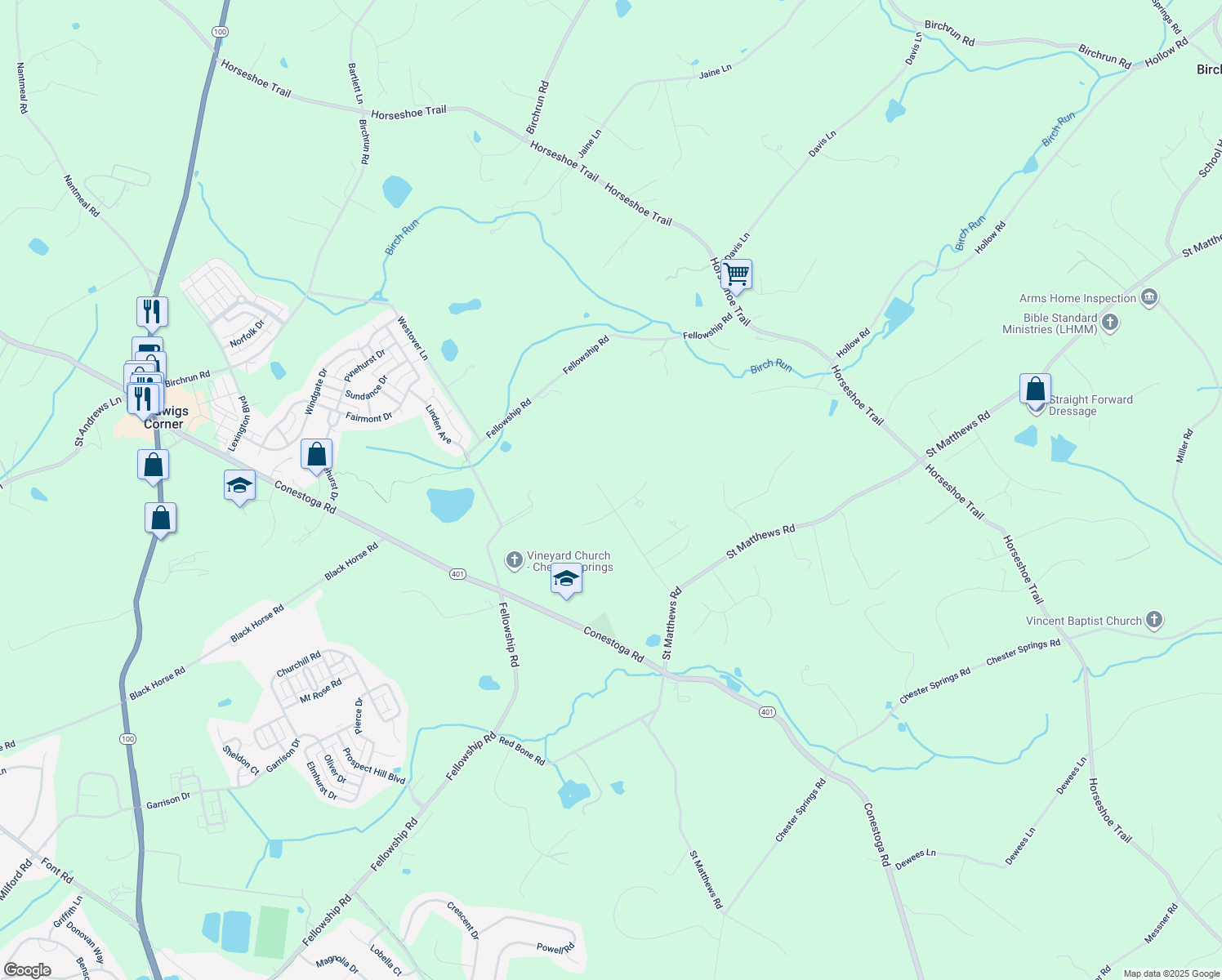 map of restaurants, bars, coffee shops, grocery stores, and more near 1 Fox Run Rd in Chester Springs