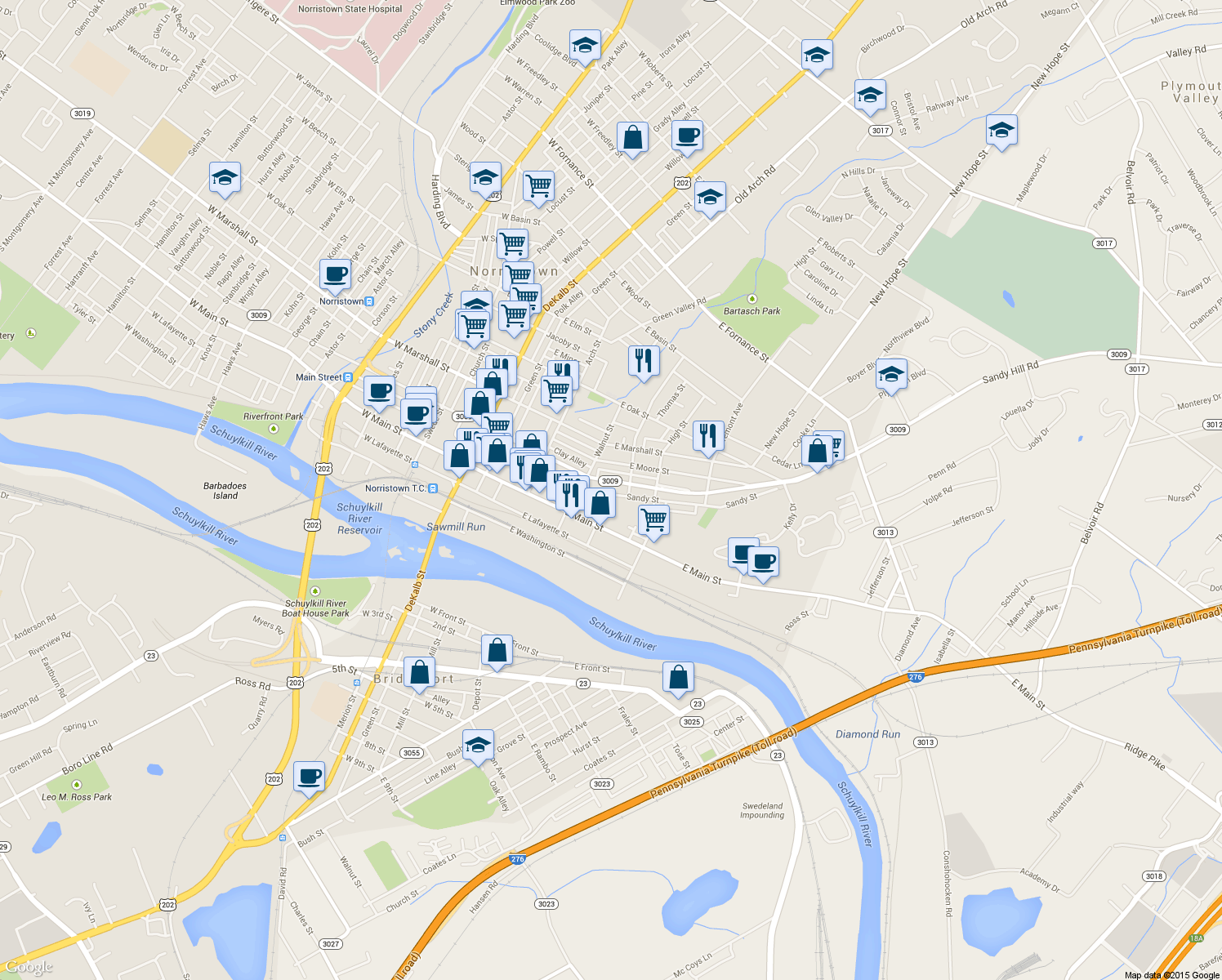 map of restaurants, bars, coffee shops, grocery stores, and more near 431 Sandy Street in Norristown