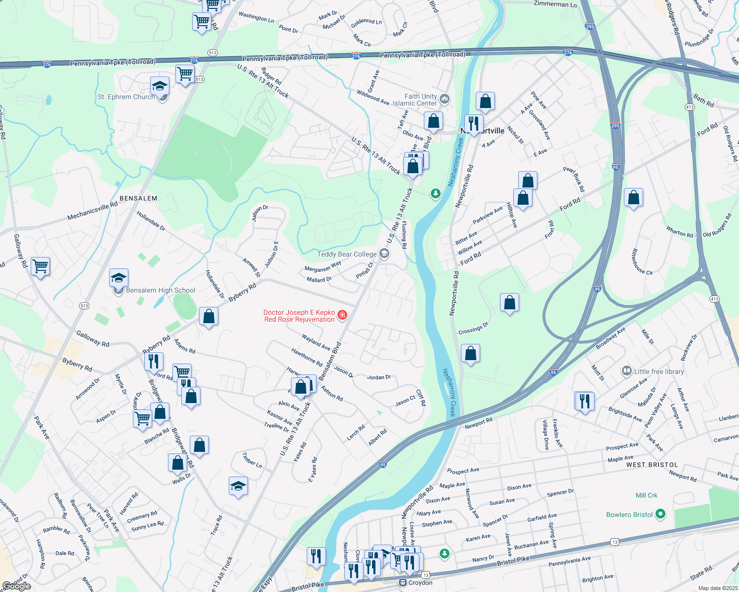 map of restaurants, bars, coffee shops, grocery stores, and more near 5107 Inlet Drive in Bensalem