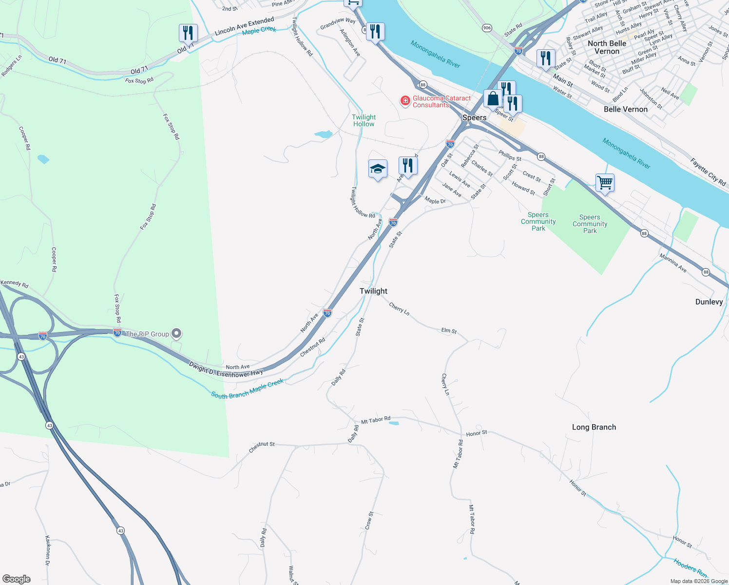 map of restaurants, bars, coffee shops, grocery stores, and more near 5 Frye Lane in Charleroi