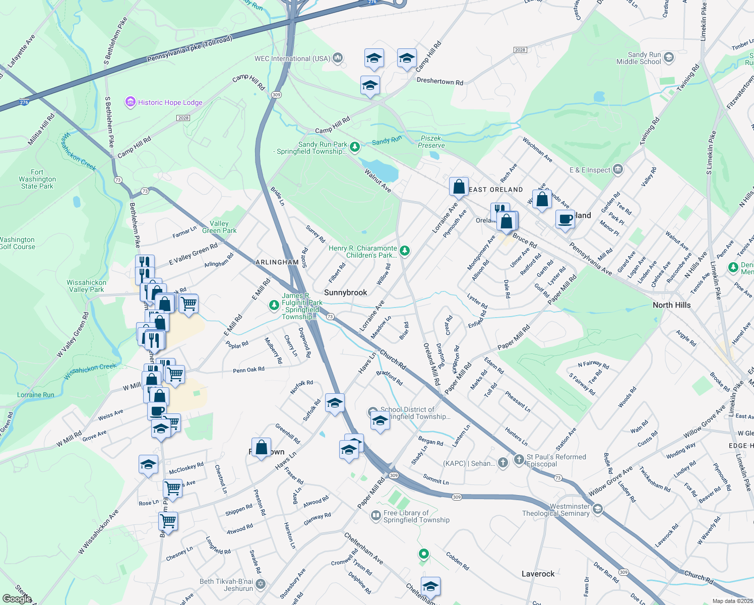 map of restaurants, bars, coffee shops, grocery stores, and more near 509 Lorraine Avenue in Oreland