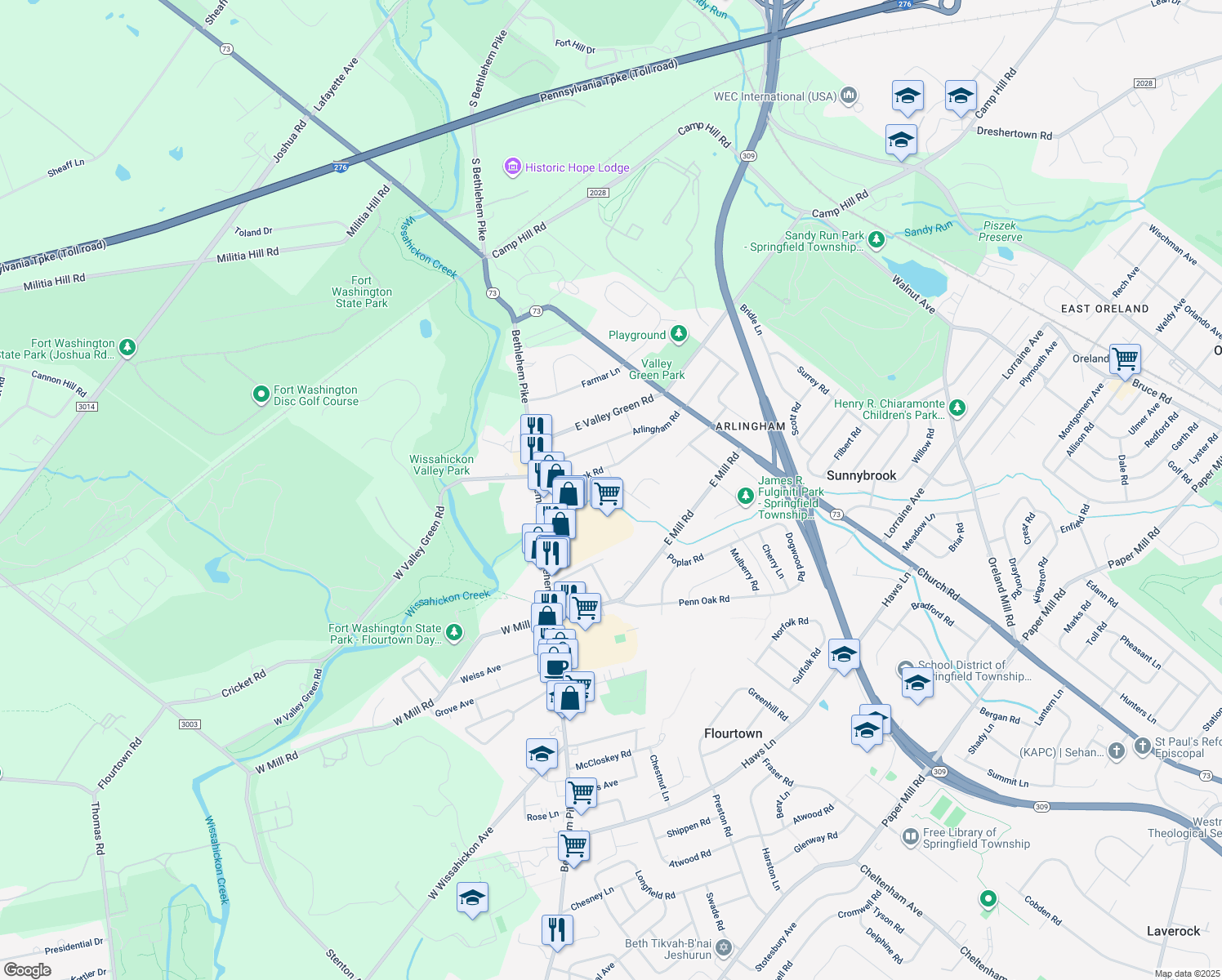 map of restaurants, bars, coffee shops, grocery stores, and more near 2106 Carolton Way in Flourtown