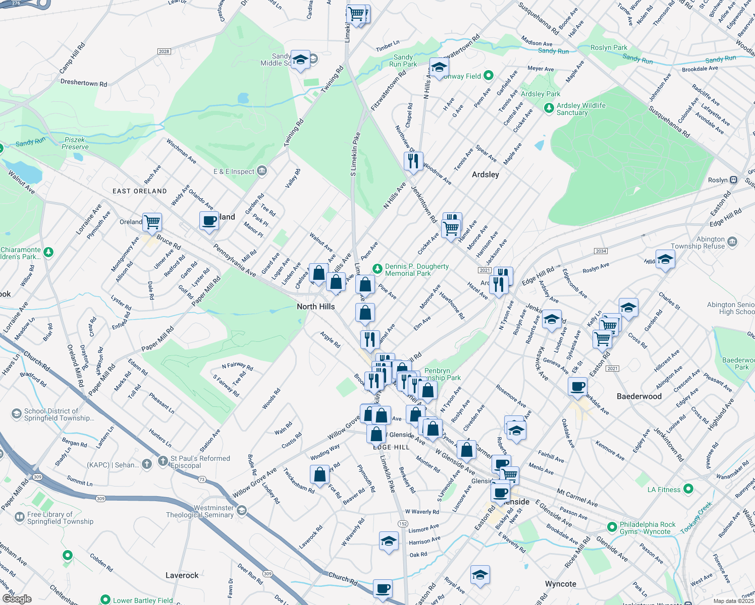 map of restaurants, bars, coffee shops, grocery stores, and more near 230 Cricket Avenue in Glenside