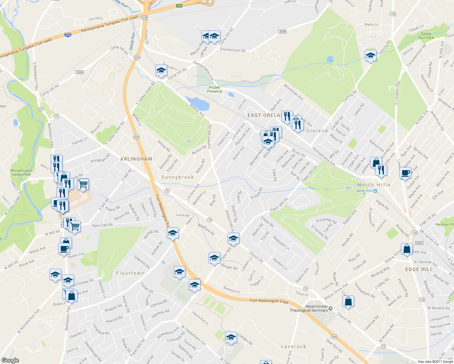 map of restaurants, bars, coffee shops, grocery stores, and more near 403 Meadow Lane in Oreland