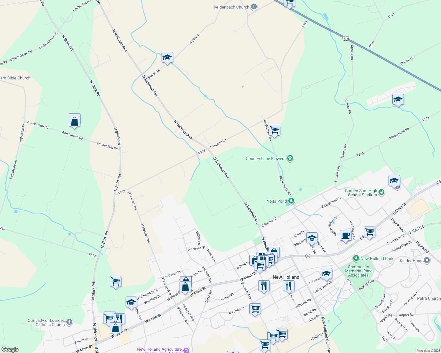 map of restaurants, bars, coffee shops, grocery stores, and more near 437 Glen Mar Avenue in New Holland