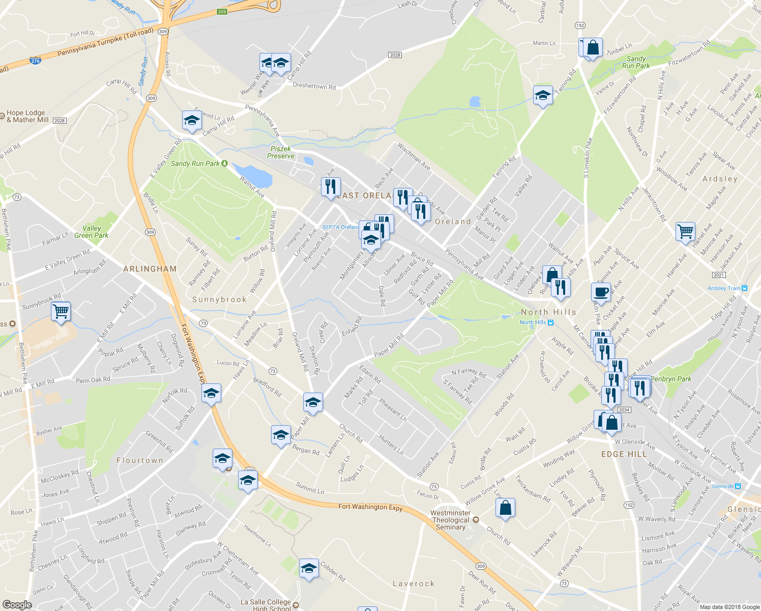 map of restaurants, bars, coffee shops, grocery stores, and more near 300 Garth Road in Oreland