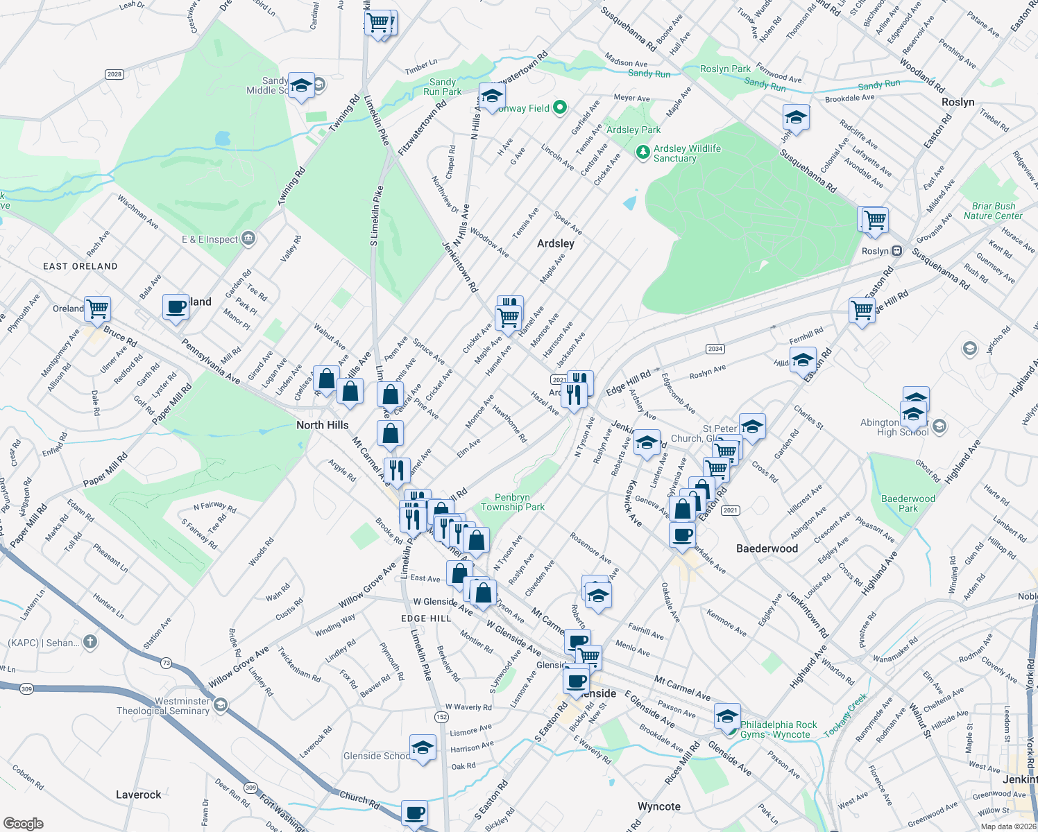 map of restaurants, bars, coffee shops, grocery stores, and more near 411 Elm Avenue in Glenside