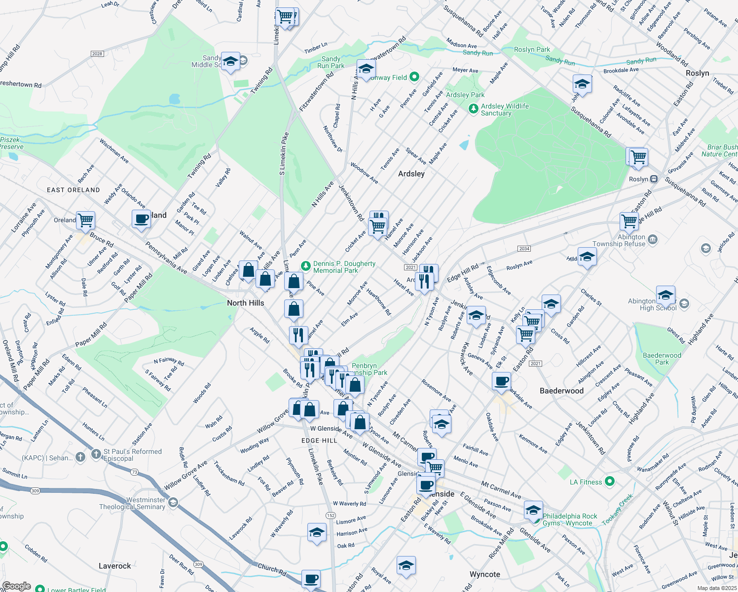 map of restaurants, bars, coffee shops, grocery stores, and more near 2712 Hawthorne Rd in Glenside
