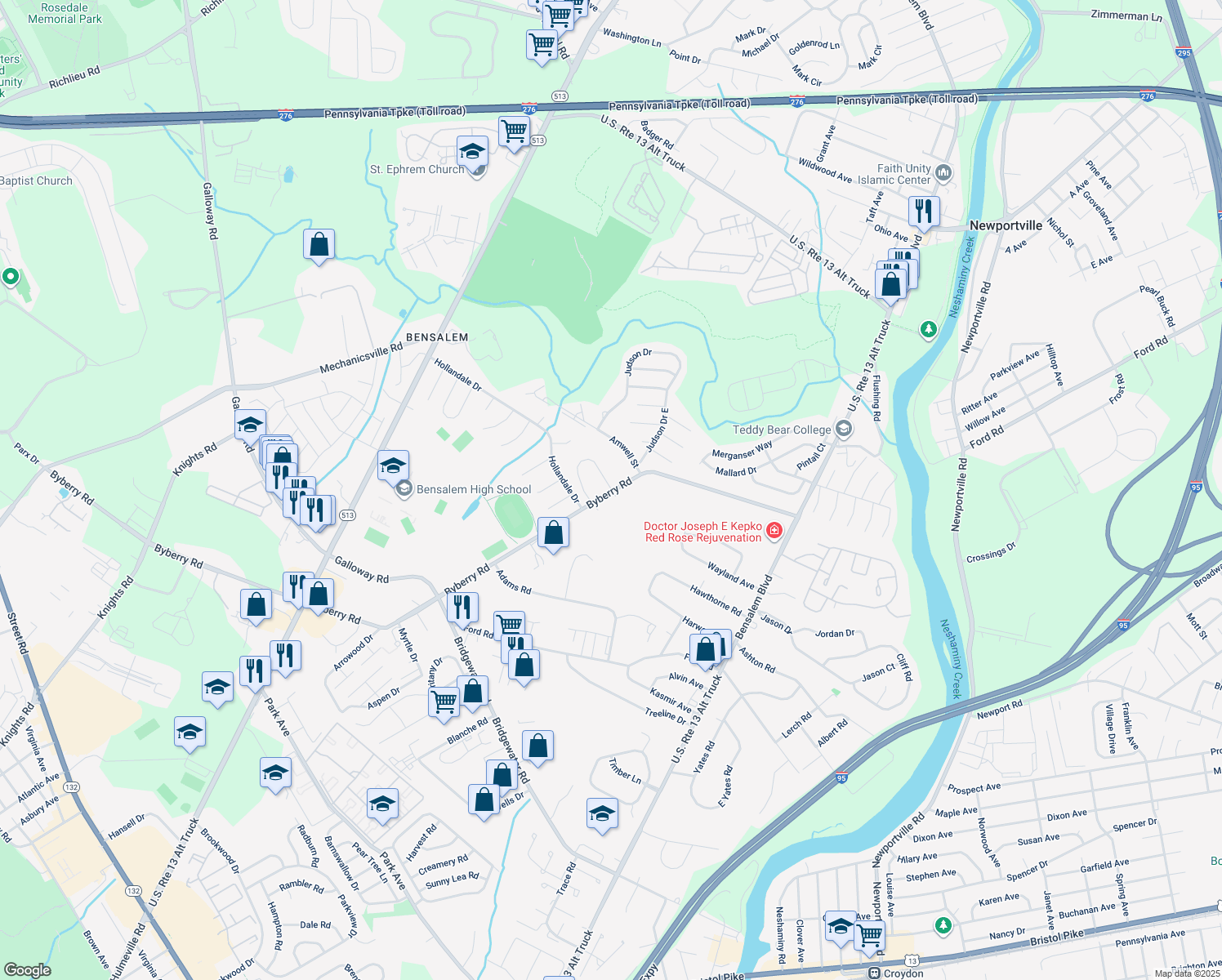 map of restaurants, bars, coffee shops, grocery stores, and more near 120 Casey Lane in Bensalem