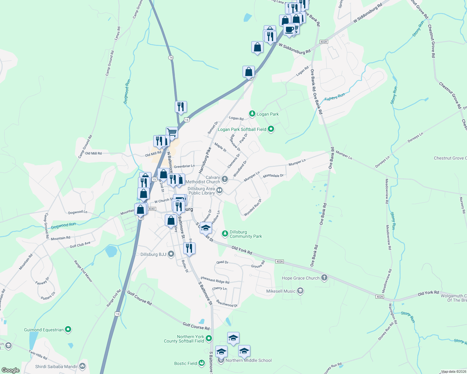 map of restaurants, bars, coffee shops, grocery stores, and more near 241 Mumper Lane in Dillsburg