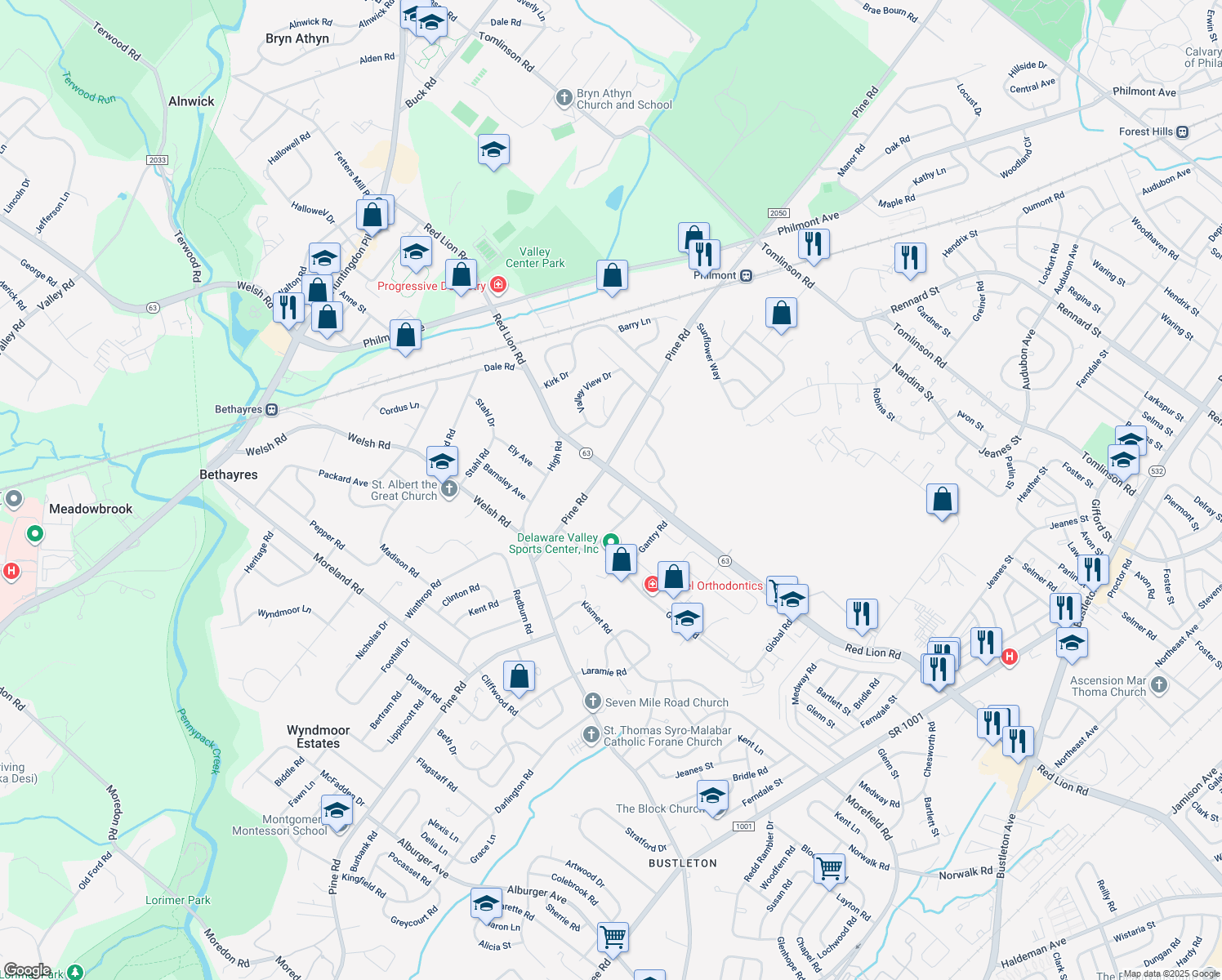 map of restaurants, bars, coffee shops, grocery stores, and more near 2424 Michael Road in Montgomery County