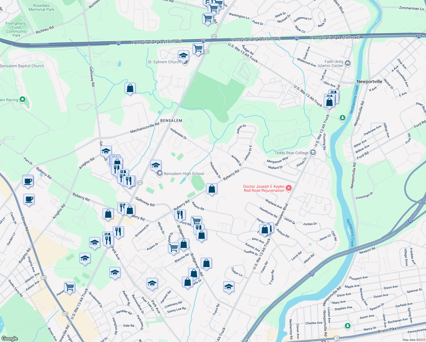 map of restaurants, bars, coffee shops, grocery stores, and more near 1479 Ravenview Place in Bensalem