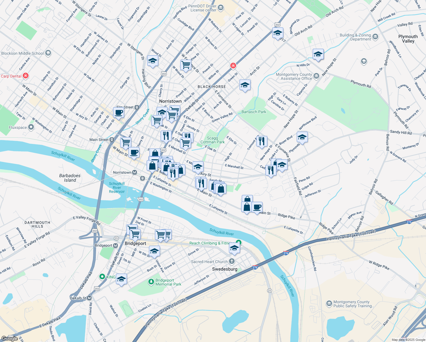map of restaurants, bars, coffee shops, grocery stores, and more near 504 East Moore Street in Norristown