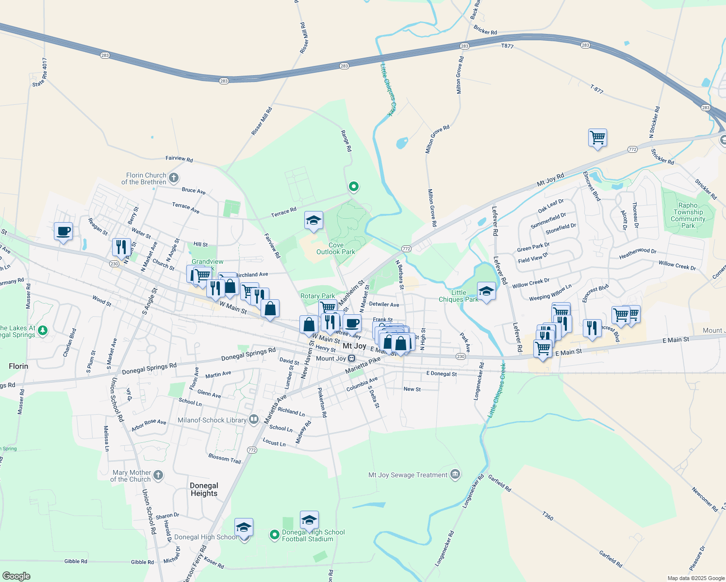 map of restaurants, bars, coffee shops, grocery stores, and more near 176 North Market Street in Mount Joy