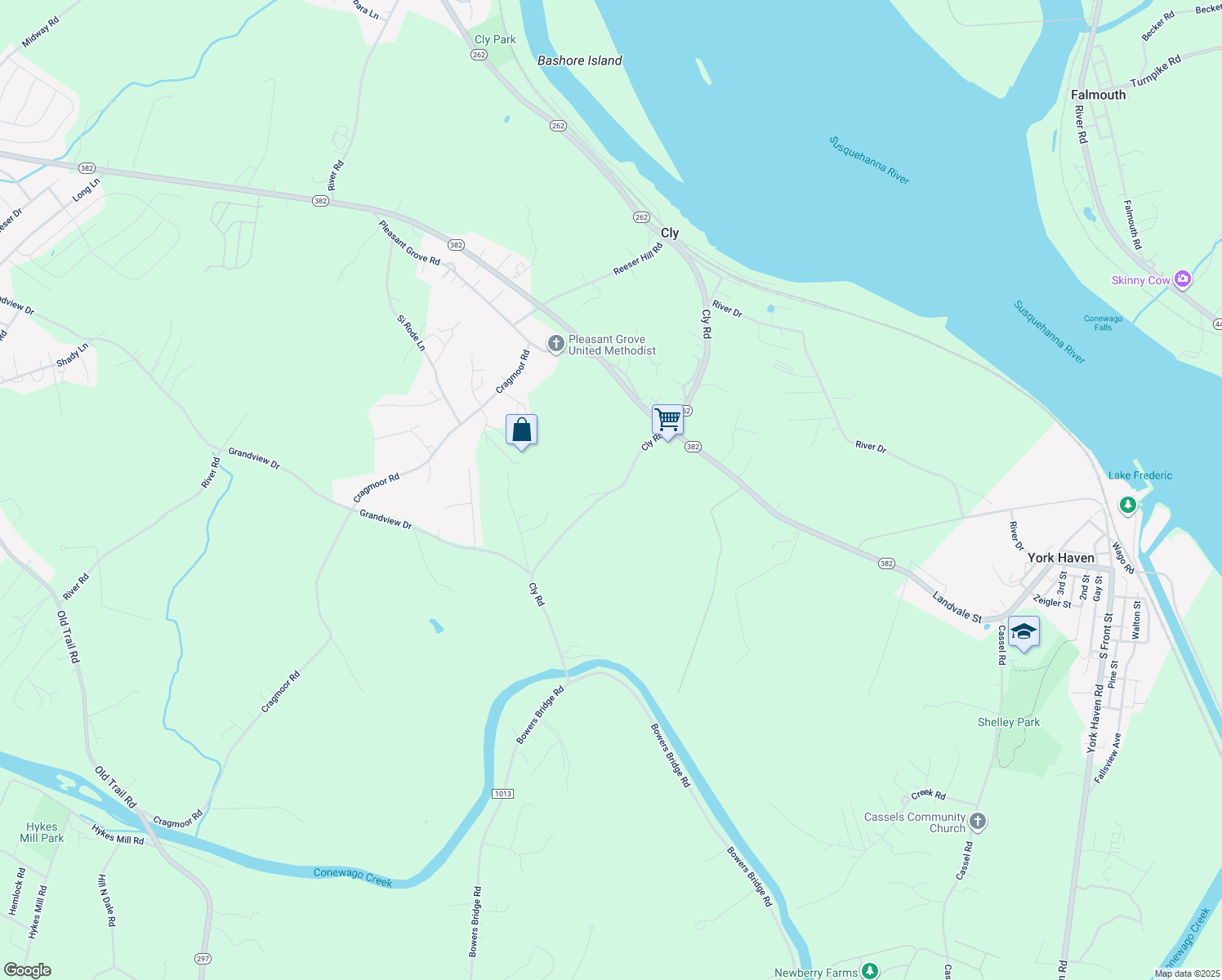 map of restaurants, bars, coffee shops, grocery stores, and more near 1630 Cly Road in York Haven