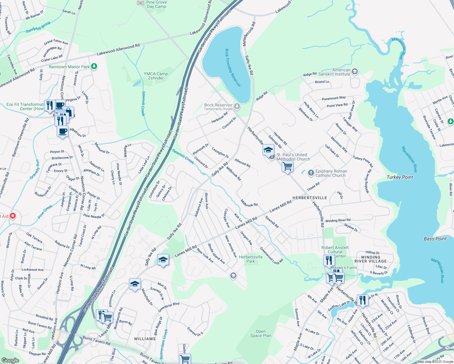 map of restaurants, bars, coffee shops, grocery stores, and more near 720 Maidenstone Drive in Brick